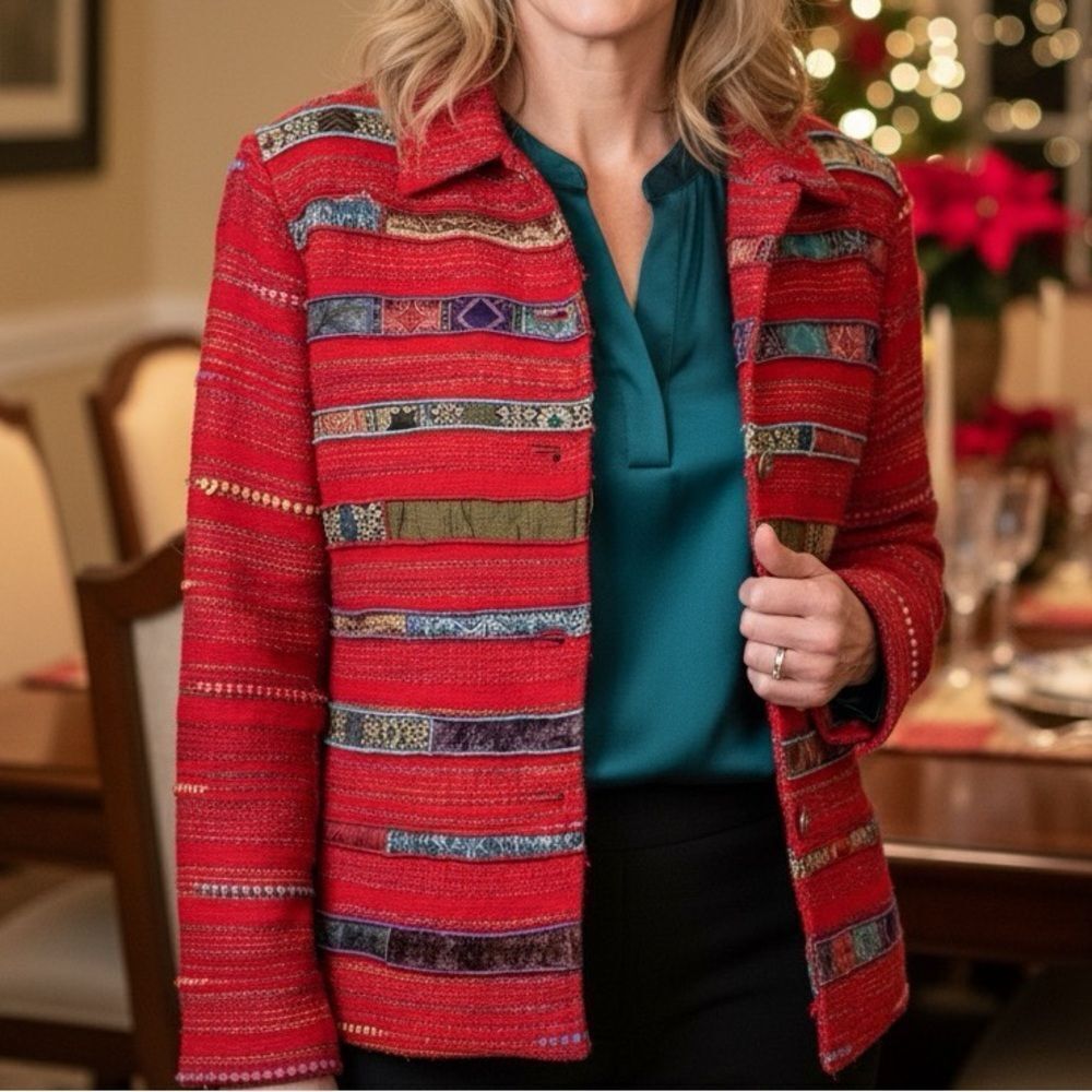 Coldwater Creek Holiday Magic Red Lined Patchwork Tapestry Jacket Medium